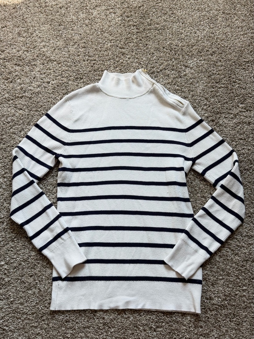 Anne Klein Cream & Navy Striped Mock Neck Sweater